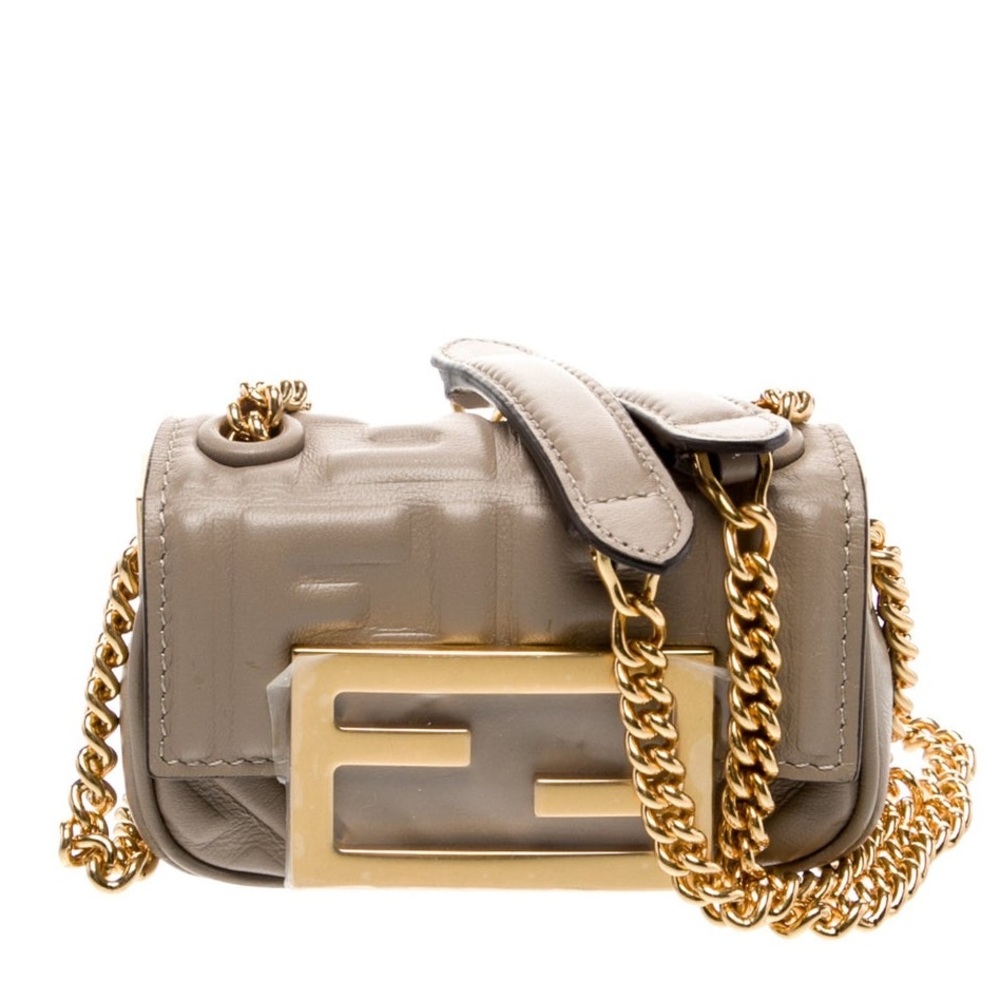 Fendi FF Zucca logo monogram embossed leather nano baguette crossbody bag NEW